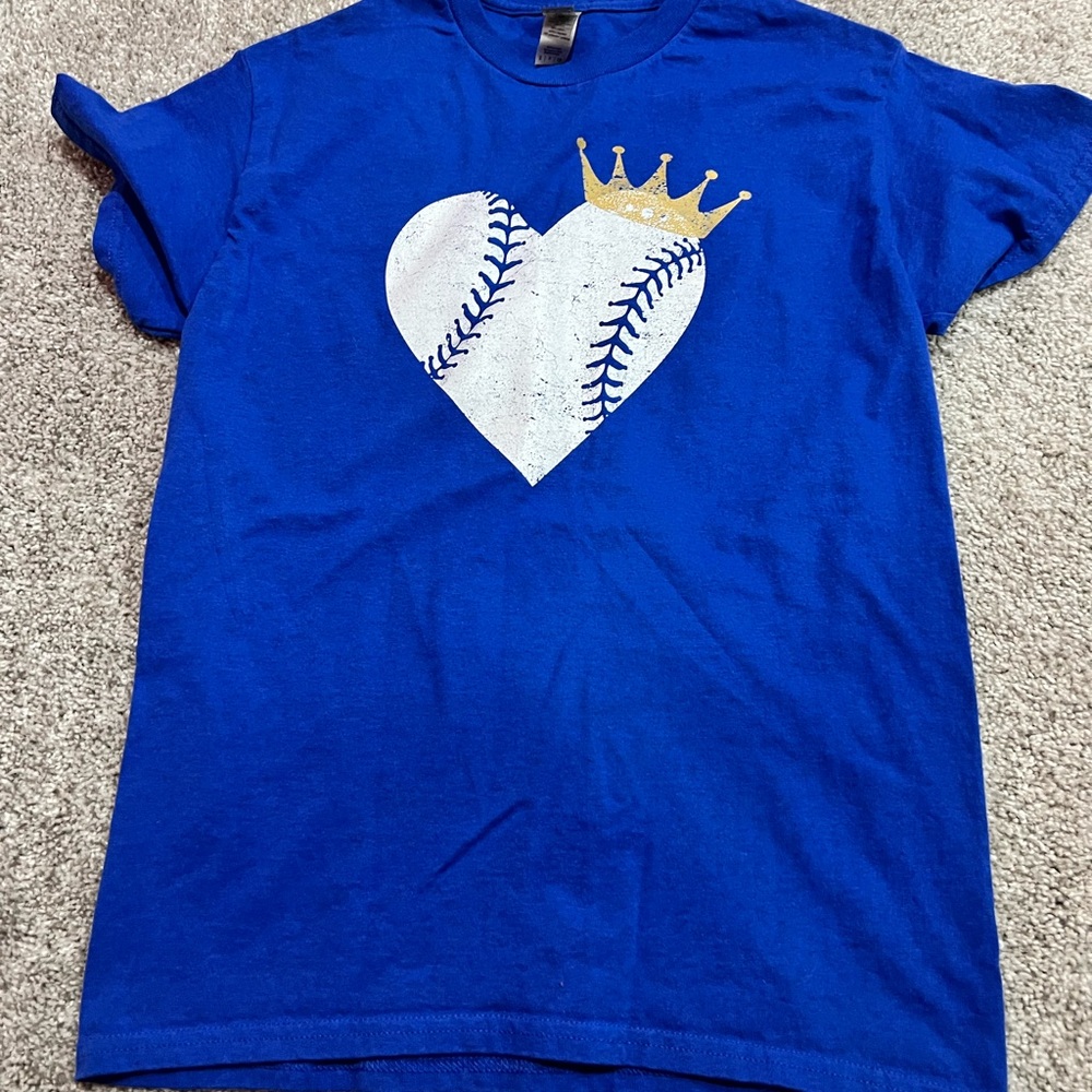 Gildan Royal Blue Tee with White Baseball Heart and Gold Crown